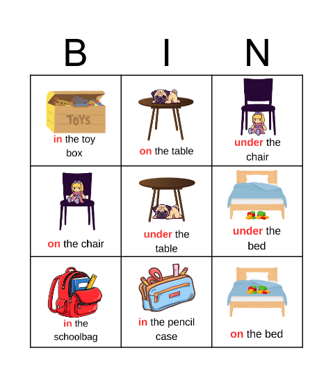 in, on, under Bingo Card