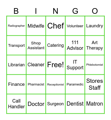 NHS Careers Bingo Card