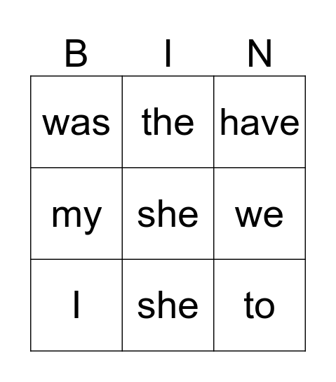 Set 1 Sight Words Bingo Card