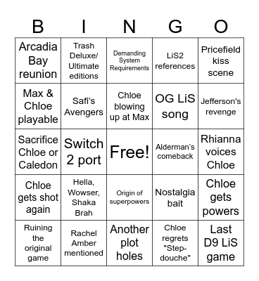Life is Strange 2026 Bingo Card