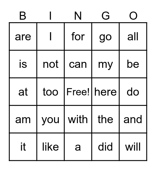 Kindergarten Sightword Bingo Card