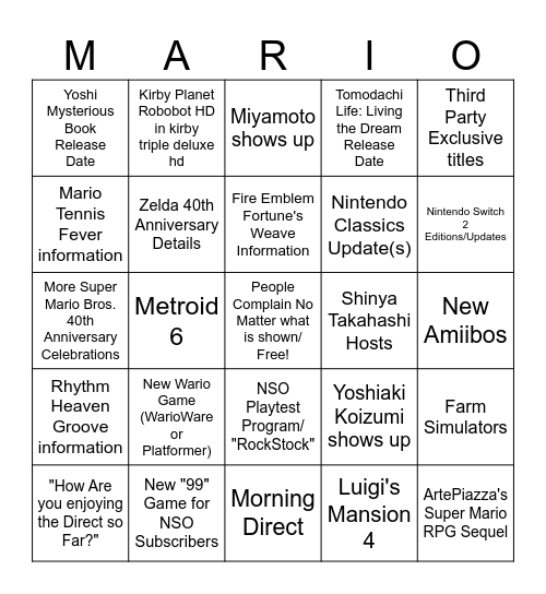 Nintendo Direct February (?) 2026 Bingo Card