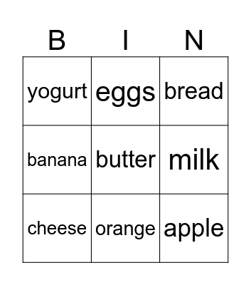 food bingo Card