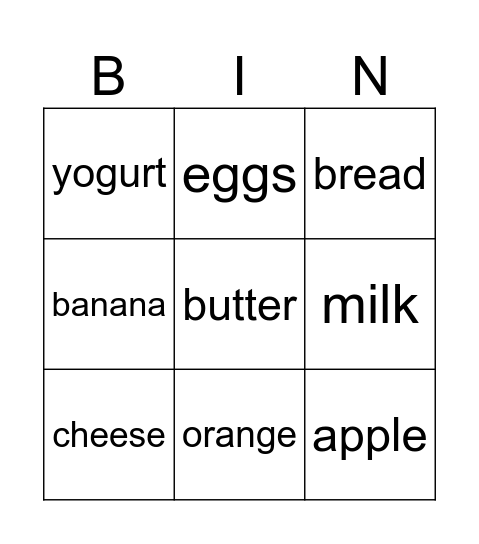 food bingo Card