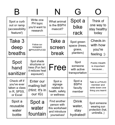 Public Health Undergraduate Club's BINGO Card