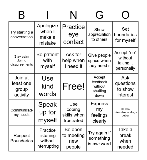 Social Skills New Years Goals Bingo Card