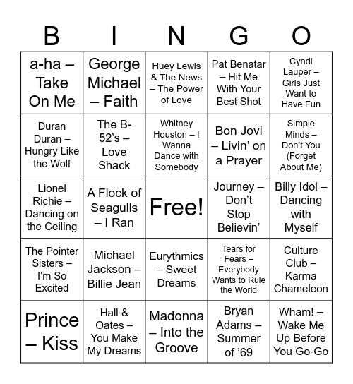 Totally 80s Dance Party Bingo Card