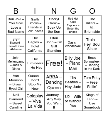 Ultimate Sing-Along & Bar Anthems Bingo Card