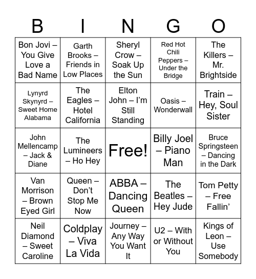 Ultimate Sing-Along & Bar Anthems Bingo Card