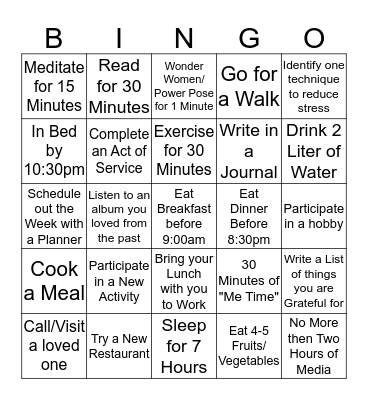 Self-Care Bingo Card
