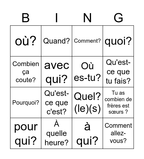Interrogatifs Bingo Card