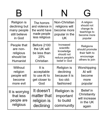 Religion in the UK Bingo Card