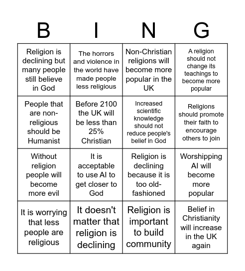 Religion in the UK Bingo Card