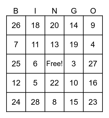 Addition & Subtraction Bingo Card