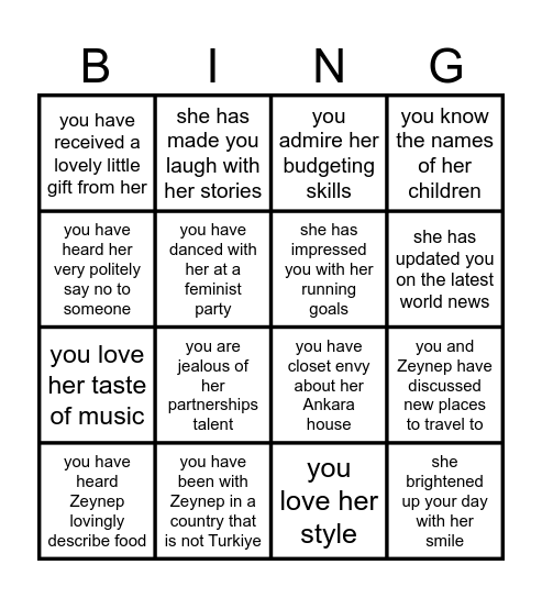 Zeynep's Bingo! Bingo Card