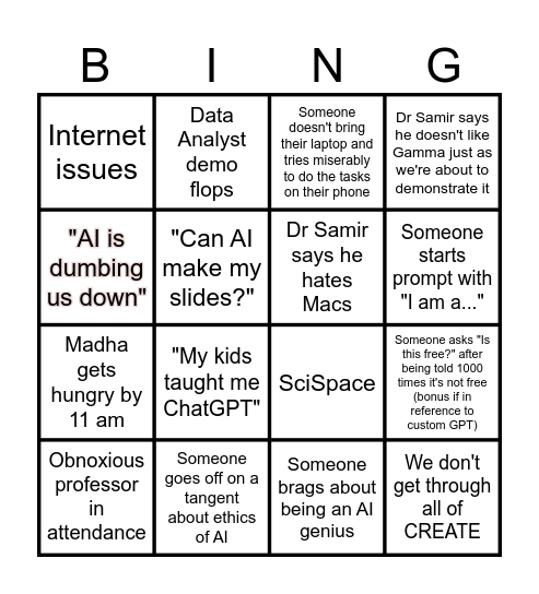 AI workshop bingo! Bingo Card