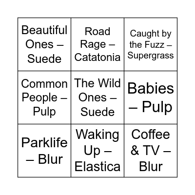 Brit-Pop Bingo Card