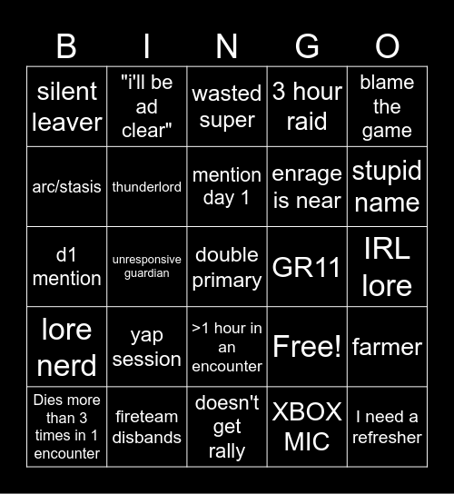 Destiny 2 Lfg Bingo Card