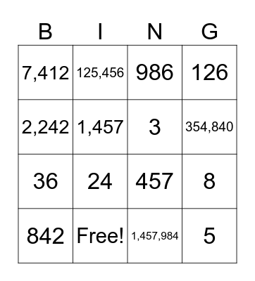PLACE VALUE BINGO Card