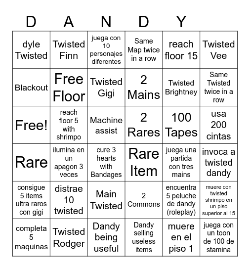 Dandy's World Bingo Card
