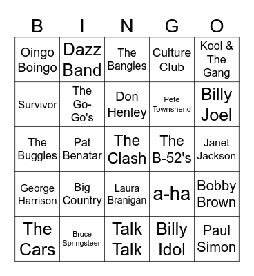 Game 1 - Upbeat 80s Hits Bingo Card