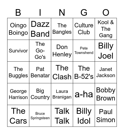 Game 1 - Upbeat 80s Hits Bingo Card