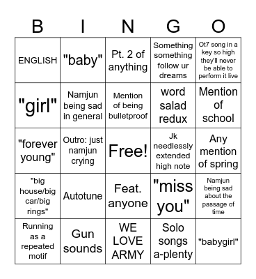 Suzy's "Pls No" Bingo Card