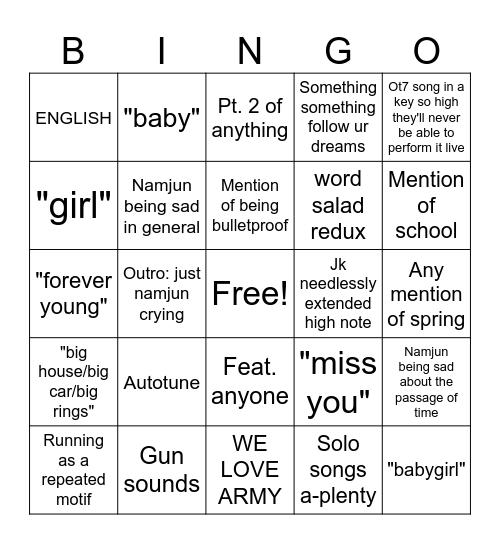 Suzy's "Pls No" Bingo Card