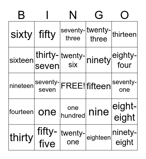 Numbers Bingo Card