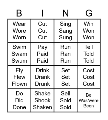 Irregular Verbs Bingo Card