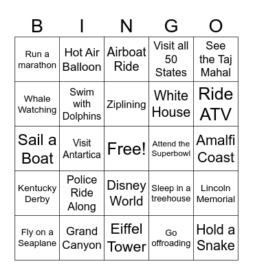 Adventurous/Travel Bucket List Bingo Card