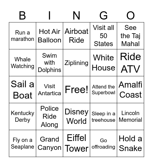 Adventurous/Travel Bucket List Bingo Card