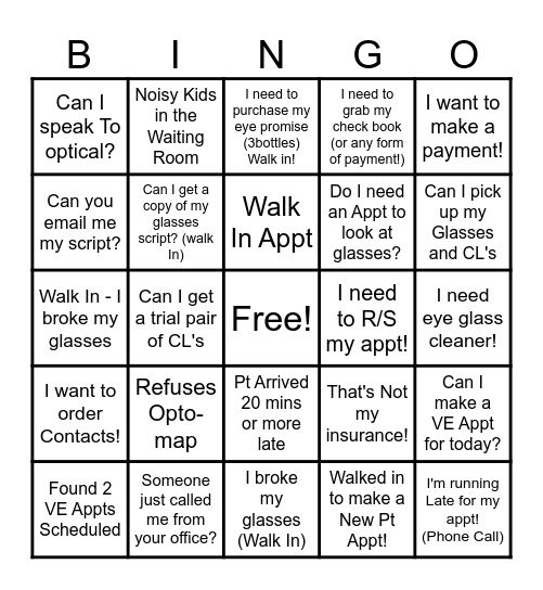 Front Desk Bingo Card