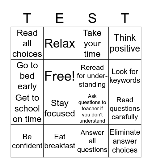 Test Taking Survival Skills Bingo Card