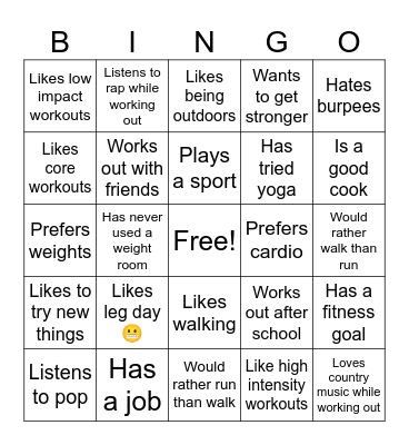 Personal Fitness Bingo Card