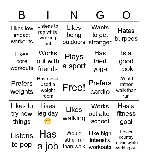 Personal Fitness Bingo Card