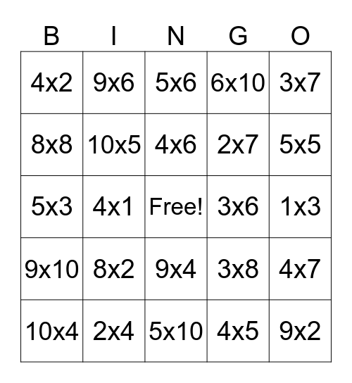 Multiplication BINGO Card