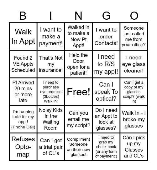 Front Desk Bingo Card