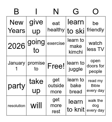 New Year's Vocabulary Bingo Card
