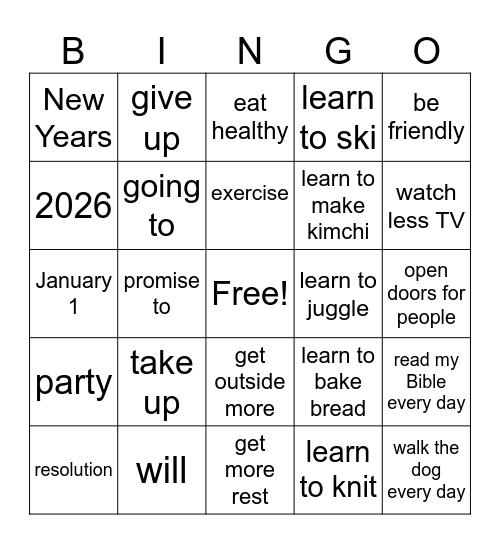 New Year's Vocabulary Bingo Card