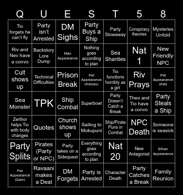 Questicles Session 58 Bingo Card