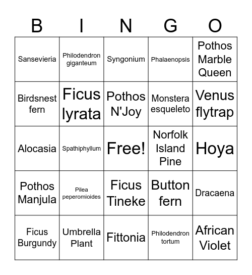 GreeneHouse Plant Bingo Card