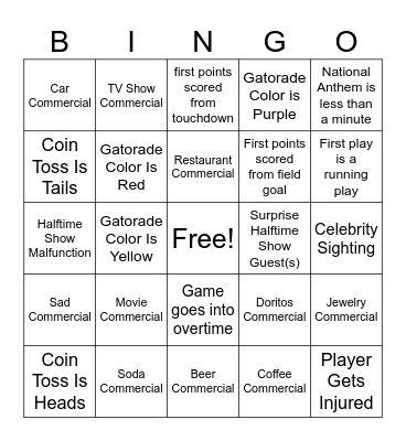 Jackie's 2026 Superbowl Bingo! Bingo Card