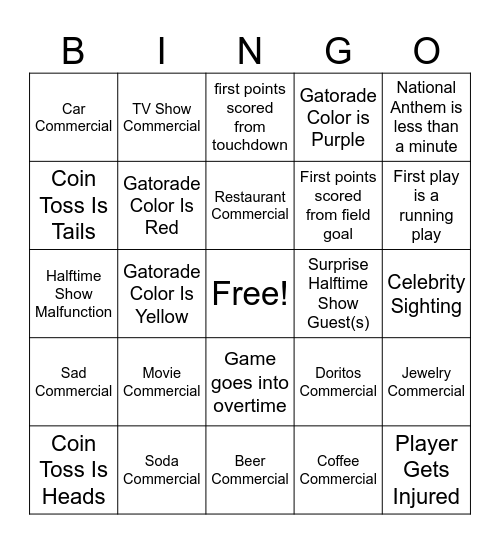 Jackie's 2026 Superbowl Bingo! Bingo Card