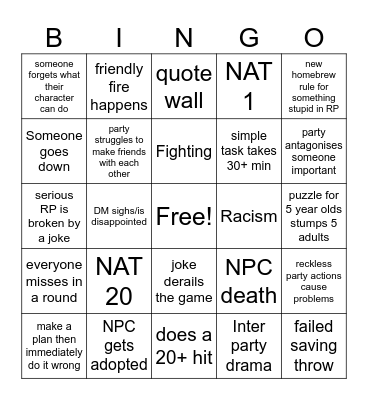DND SESSION 1 BINGO Card