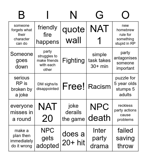 DND SESSION 1 BINGO Card