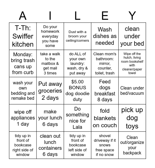 $10.00/bingo (horizontal/vertical) Bingo Card