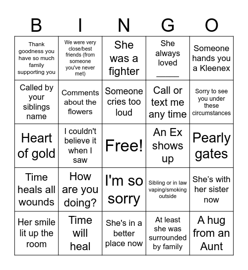 Funeral Bingo Card