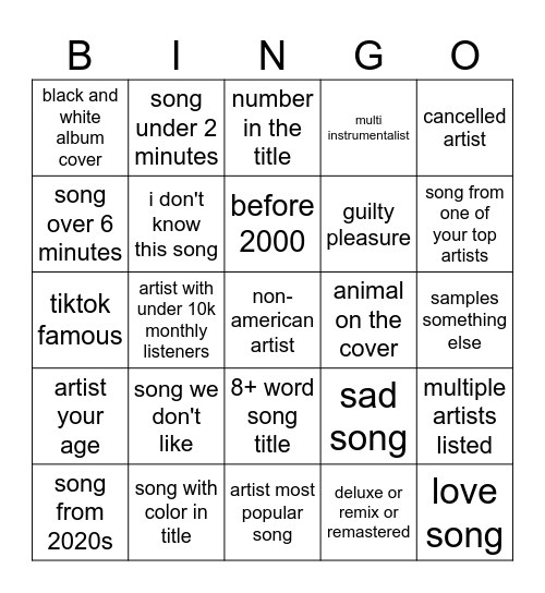 spotify bingo Card