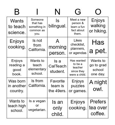 Meet Your Classmates Bingo Card
